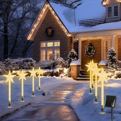 Solar Christmas Decorations Outdoor-8 Pack 64 Warm White LED Star Pathway Lights with 8 Modes IP64 Waterproof Xmas Decoration for Garden Patio Yard Porch Driveway by Moclever
