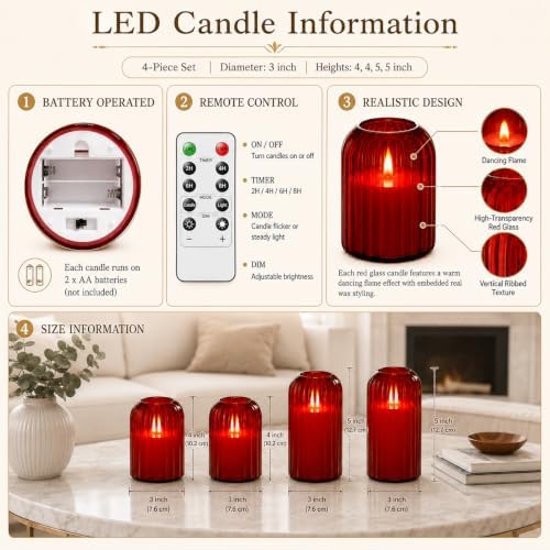 Lezonic Red LED Flameless Candles, 4 Pcs Glass Battery Operated Pillar Candles with Remote, Dancing Flickering Flame Real Wax, Home Decor for Wedding, Halloween, Christmas, & Holiday Table Centerpiece - Image 3