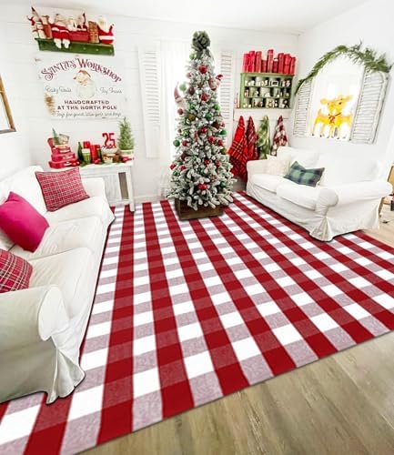 Ckorzen Red and White Plaid Rug, 8' x 10' Christmas Front Porch Outdoor Rug, Handwoven Cotton Washable Rug for Layered Door Mats, Holiday Entryway and Home Décor - Image 3