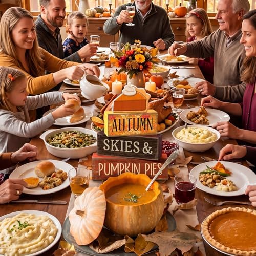 Lineshading 3 Pcs Fall Table Decor, Pumpkin Pie Wood Block Sign Home Tray - Image 6