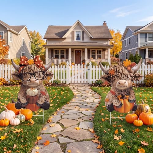 Yookeer Fall Highland Cow Decoration Outdoor Metal Pumpkin Sign with Stakes - Image 4