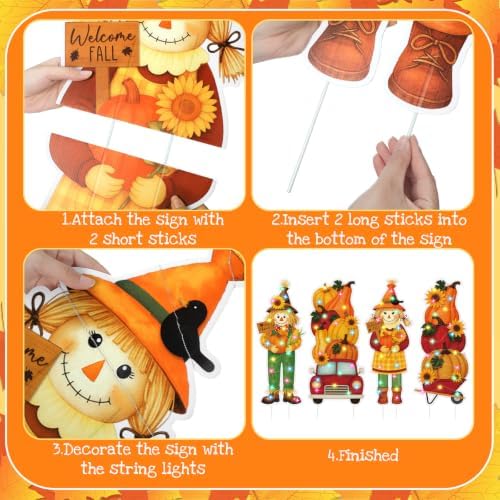 4 Pcs Fall Outdoor Decorations Metal Pumpkin Scarecrow Yard Sign with LED - Image 5