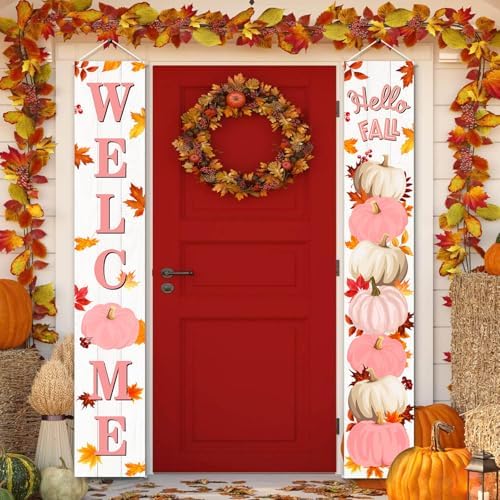 MEHOFOND Pink Pumpkin Porch Banner Sign, Hello Fall Pumpkin Maple Leaves Door Decorations, Board Wall Hanging Farmhouse Supplies, Pumpkin Porch Decorations Outdoor for Home Office Holiday by MEHOFOND