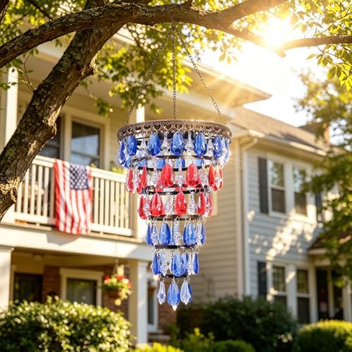 Solar Hanging Crystal Chandelier Patriotic Flag Decoration - Image 6