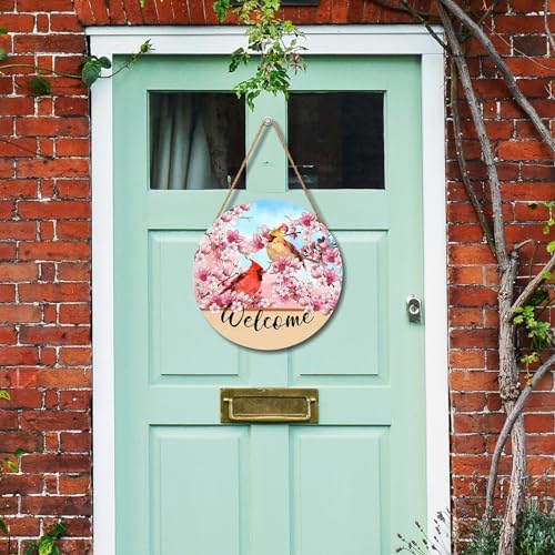 Welcome Spring Summer Cardinal Birds Front Door Sign 12"x12" Pink Blossoming Flower Floral Wood Door Hanger for Outdoor Outside Porch Decor Farmhouse Seasonal Wreaths for Front Door Wall Hanging Sign - Image 6