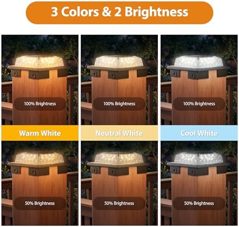 APONUO Solar Post Cap Lights, 3 Color Modes & 2 Brightness, Adjustable Base Fits 4x4 5x5 6x6 Posts (3.5-5.5 Inch), IP65 Waterproof, Deck & Fence Post Lights Solar Powered with Screws, Black, 8 Pack - Image 3