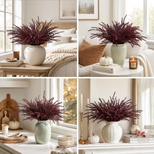 Artificial Faux Outdoor Plants for Fall Autumn Decor, 10 Bundles Burgundy Fake Plastic Grass UV Resistant Look Real Fake Plants for Planter Outside Front Door Porch Patio Balcony Garden Indoor Yard - Image 4