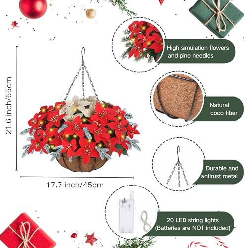 Artificial Fake Christmas Hanging Flowers Plants Basket with LED Lights, Faux Poinsettia, Pine Branches, for Outdoor New Year Xmas Decoration, Porch Home Holiday Decor (Frosted pine branches) - Image 2