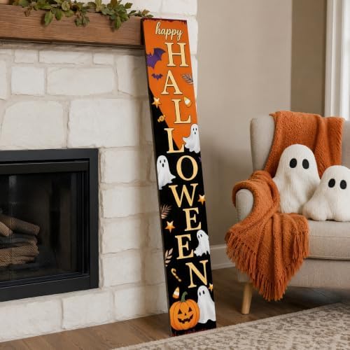 Happy Halloween Vertical Wooden Porch Sign, Spooky Ghost Pumpkin Bat Candy Tall Welcome Hanging Sign, 47.2 Inch Long Halloween Front Door Decor Hang or Lean Against Wall for Indoor Outdoor Farmhouse - Image 2