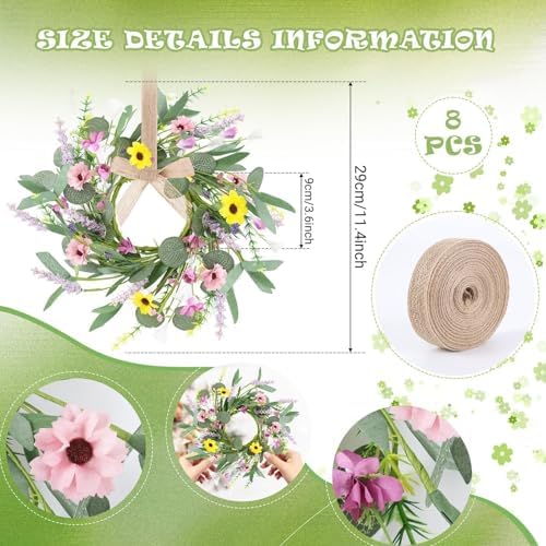 8 Pcs 9" Mini Spring Summer Flowered Wreath Floral Wedding Candle Rings Wreaths Kitchen Cabinet Wreaths with Ribbon for Pillars Wedding Table Centerpiece Farmhouse Party Home Door All Seasons Decor - Image 4