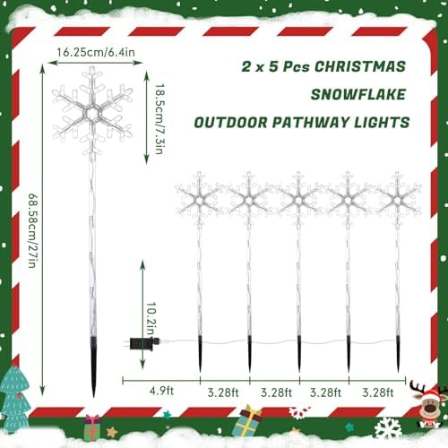 Retisee 10 Pack Snowflake Christmas Lights for Pathway Markers Lights Outdoor 27'' Peppermint Snowflake Pathway Decorations with Bows for Holiday Yard Lawn Walkway(Colorful) - Image 2