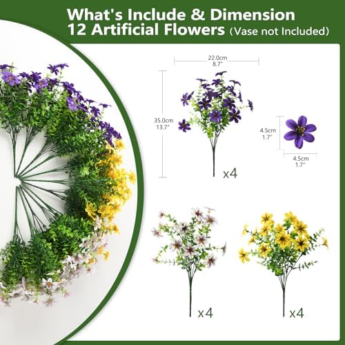 Homsunny Artificial Fake Flowers for Outdoor Spring Decoration, 12 Bundles Faux Plants Silk Daisy UV Resistant Realistic for Outside Porch Patio Balcony Planter Yard Garden Home Decor(Mixed 3) - Image 3
