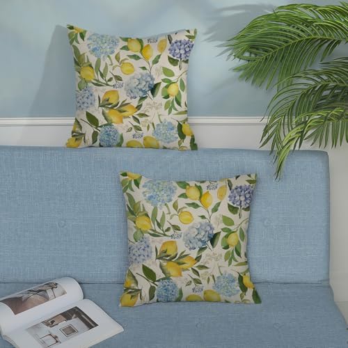 Blue Yellow Pillow Covers 16x16 Inch 2 Pcs Blue Hydrangea Floral Decor Throw Pillows Vintage Lemon Flower Seasonal Summer Outdoor Decoration Pillowcase Linen Cushion Cover for Couch Sofa - Image 3