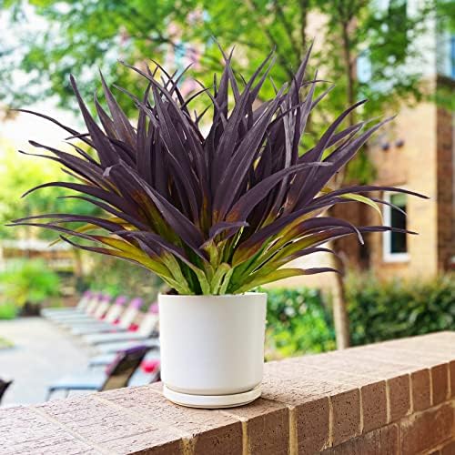 16Pcs Artificial Grass Fake Grass Plants 17.3in Outdoor Plants UV Resistant Faux Greenery Stems for Home Window Garden Patio Pathway Front Porch Halloween Décor Light Green & Purple - Image 2