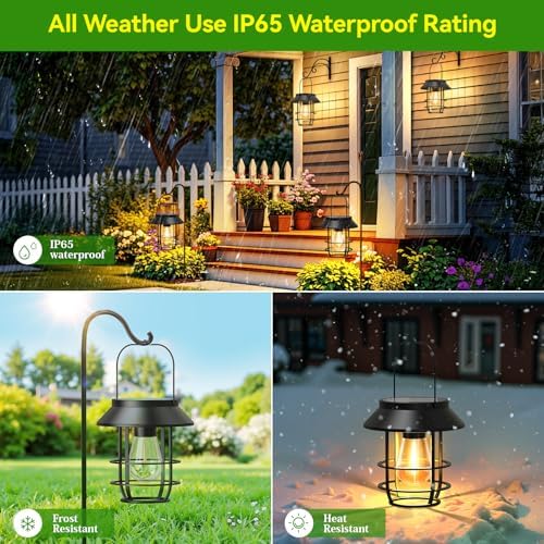 2 Pack Solar Lanterns Outdoor Waterproof, Metal Hanging Lantern, Black - Image 3