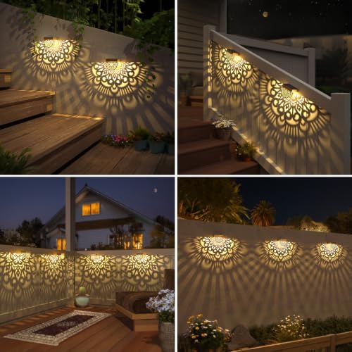 6 Pack Solar Fence Lights Outdoor Wall Lights Gold Plastic Solar Powered Deck Step Stair Lights Mandala Theme Waterproof Fence Solar Light for Garden Post Patio Backyard Yard Decor - Image 7