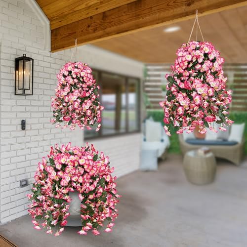 Sggvecsy Artificial Fake Hanging Flowers Plants for Outdoor Outside Spring Summer Decoration 2PCS Faux Silk UV Resistant Realistic Morning Glory Trailing Vines for Home Porch Patio Balcony(Pink) - Image 6