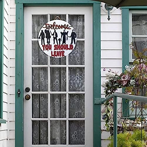 Halloween Horror Welcome Sign for Front Door, Horror Movie Characters Door Hanger Scary Halloween Decorations Wood Wreath Hanging Door Sign for Farmhouse Porch Wall Decor Outdoor - Image 6