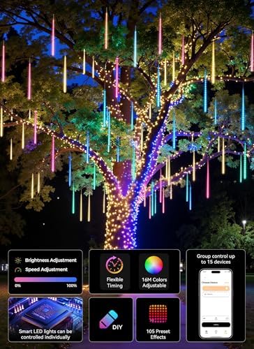 Smart Meteor Shower Lights Outdoor, 16Tube 256LED 24.6ft Color Changing Dripping Icicle Christmas Lights for Outdoor Outside, APP Controlled RGB Customize Display DIY Dynamic Lighting Effec - Image 2