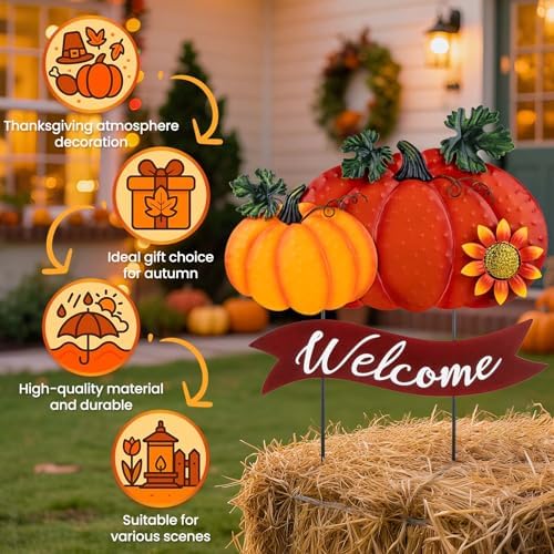 Fall Decorations for Home Outdoor - 21.2" Metal Pumpkin Yard Stakes with 2-Pumpkin Welcome Sign & Glitter Sunflower - Decorative Garden Stakes for Outside Garden Yard Lawn Patio Porch Decor - Image 5
