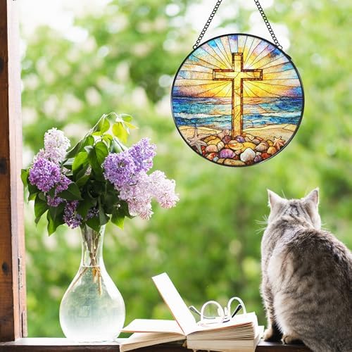 Cross Coastal Stained Glass Window Hanging Suncatcher, Christian Beach Shells Sunset Sun Catcher Indoor Window Decor Gifts, Religious Painted Glass Round Wall Hanging Decorations 7.8x7.8 in - Image 2