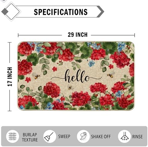 Spring Geranium Floral Door Mat Flowers Doormat Indoor Outdoor Entrance Outdoor Rug Low-Profile Floor Rug Non Slip Spring Summer Decor Rubber Mats for Home Decoration 17x29Inch - Image 3