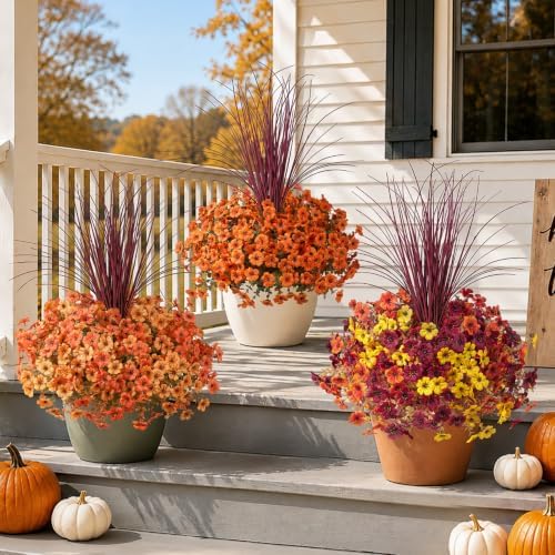 Ivydale Artificial Mums Flowers for Outdoors 12 Pcs + Burgundy Grass - Image 3