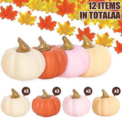 AnyDesign 12Pcs Fall Artificial Pumpkins Fake Foam Pumpkins Mini White Pink Gold Orange Faux Harvest Vegetables for Autumn Thanksgiving Halloween Holiday Home Party Farmhouse Decorations - Image 3