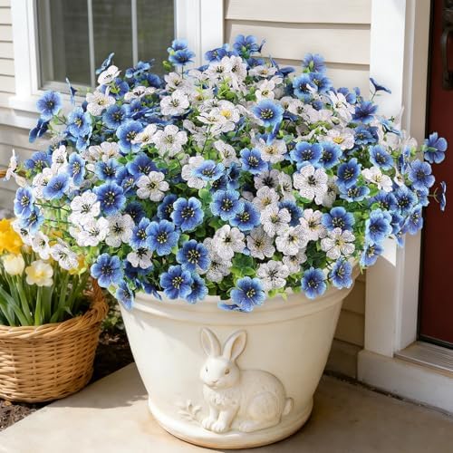 16PCS UV Resistant Artificial Flowers for Outdoors, White + Blue by AmberFun