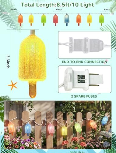 10 LED Popsicle String Lights, Multicolor Ice Cream with 10 Mini LED Bulbs, Indoor Outdoor Plug in Fairy Lights for Christmas Wedding Home Bedroom Summer Patio Decor, White Wire - Image 4