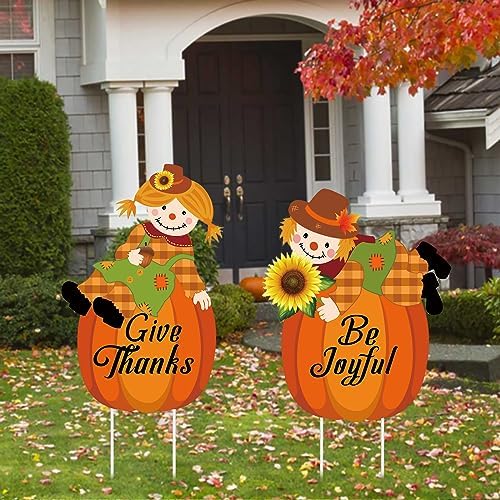 Fall Scarecrow Yard Stake Thanksgiving Pumpkin Porch Sign with Stakes - Image 4
