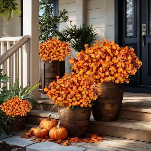 AXYLEX Artificial Fall Flowers Outdoor Fake Mums (Orange, 12 Bundles) - Image 4