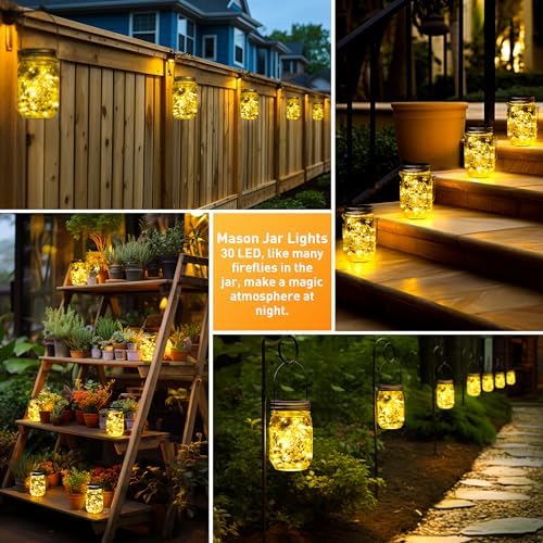 GIGALUMI Hanging Mason Jar Solar Lights, 6 Pack 30 Led Tinplate Lids - Image 3