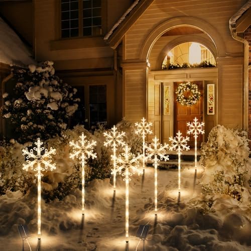 Solar Christmas Pathway Lights Outdoor, 8 Pack White Snowflake Garden Stake Lights – Waterproof Solar Powered Decorations for Patio, Yard, Lawn & Porch （Warm White） - Image 6