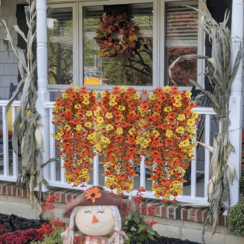 4 Pcs Artificial Mums for Outdoors Hanging Fall Flowers Faux Silk Daisy Flowers Autumn Decoration Orange Yellow Fake Plants Eucalyptus Realistic for Outside Home Indoor Planter Porch Yard Decor - Image 4