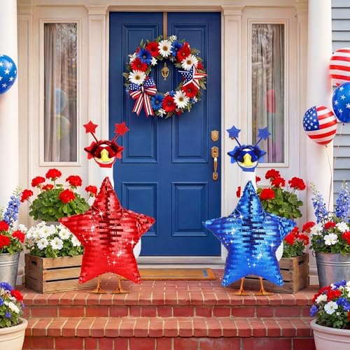 Abbylike 2 Set 4th of July Porch Goose Outfit 250th Red Blue Disco Sequin Star Yard Goose Costume Clothes Fits Large 23'' Cement for Independence Day American Patriotic Statue Patio Garden Art Decor - Image 4