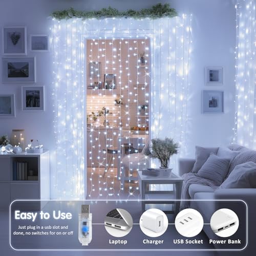 JMEXSUSS 200 LED White Curtain Lights, USB Powered, 6.5ft x 6.5ft - Image 5