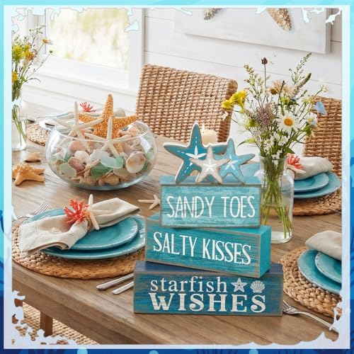Yuntau 4 Pcs Summer Coastal Table Decorations Rustic Wooden Block Sign - Image 3