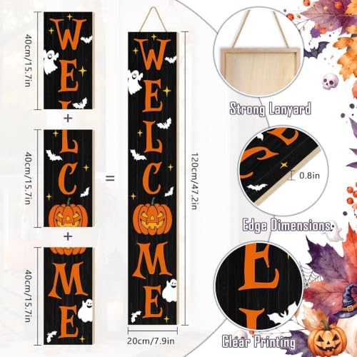 Welcome Porch Sign, Wooden, 47.2", Outdoor Front Door, Spooky Ghost - Image 2