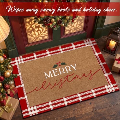 Drydiet 2 Pcs Christmas Doormat, Merry Christmas Plaid Front Door Rug - Image 2