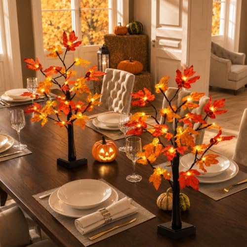 Fall Decor 2 Pack 24 Inch Maple Tree Lights - 48 LED Autumn Decorations with Pumpkins & Acorns, Timer, USB & Battery Powered - Thanksgiving Decorations for Home Table Indoor Fireplace - Image 6