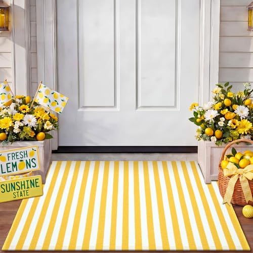 Moucuny 2'4'' X 3'7'' Yellow and White Fall Vertical Stripe Outdoor Rug - Image 3