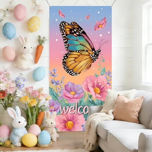 NYZE Butterfly Welcome Spring Door Covers For Front Door 35.4 x 70.8 Inch Door Banner Spring Porch Backdrop Sign Outdoor Indoor Spring Decorations - Image 3