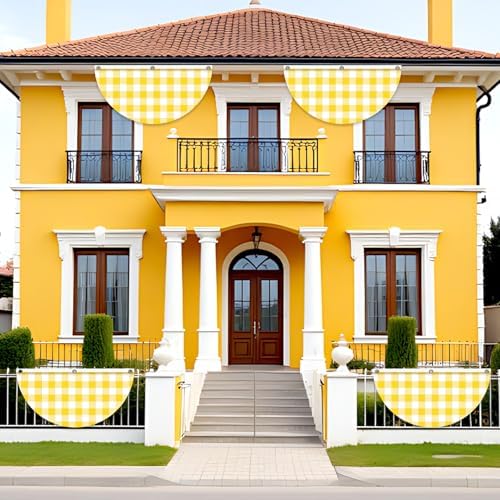 4 Pcs Yellow White Plaid Pleated Fan Flags, Yellow Gingham Bunting Fan Flag Decoration with Metal Grommet 1.5 x 3 Ft, Half Fan Flag Banner for Indoor Outdoor House Garden Patio Yard Decor - Image 4