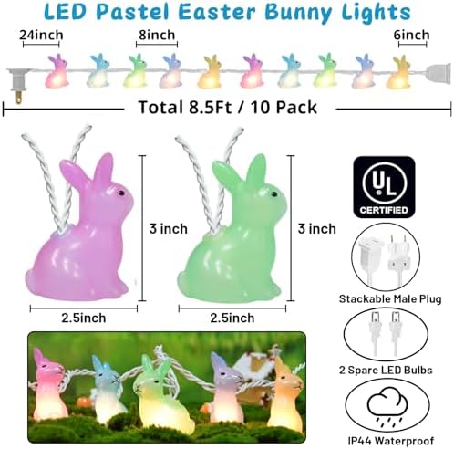 Easter Decorations - LED Bunny Lights Plug in Easter Lights String, 8.5Ft Pastel Easter Lights with 10Pcs Bunny for Indoor Outdoor Spring Decor & Easter Decor for Home Yard Tree Fence Party, 0.48W - Image 3