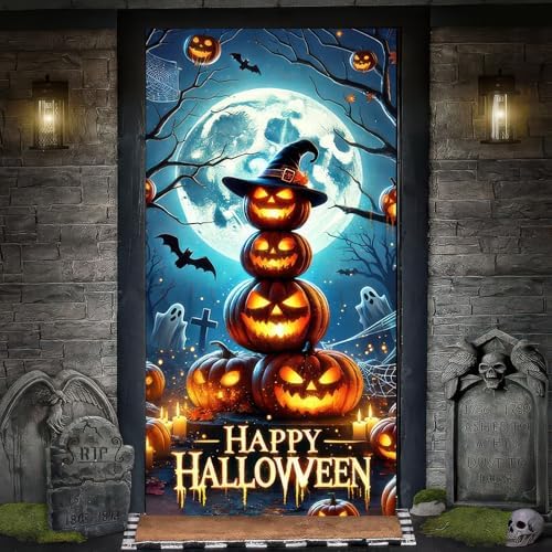 BlissYard Halloween Door Cover Pumpkin Tower Graveyard 71 x 35 Inch - Image 5