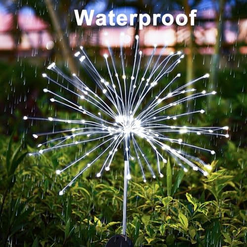 JJGoo Solar Firework Lights, 2 Pack 135 LEDs 2 Lighting Modes Solar Lights Outdoor Waterproof for Garden Patio Walkway Pathway Party Wedding Christmas Decorative - White - Image 3