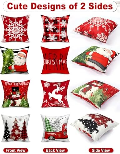 Double-Sided Print Christmas Pillow Covers 18''x18'', Set of 4, 8 Christmas Patterns Christmas Tree, Snowman, Snowflakes, Merry Christmas, Deer, Santa Claus,Truck, Let It Snow, Soft Linen Material - Image 2