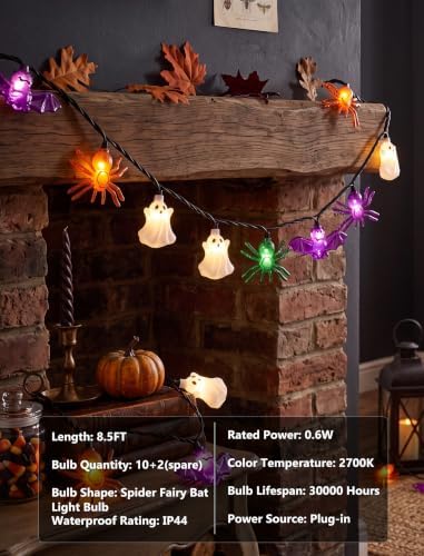 8.5FT 10 LED Halloween Spider Bat Ghost String Lights Outdoor, Plug in - Image 3