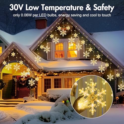 2 Pack 13 Ft 192 LED Snowflake Christmas Icicle Lights with 16 Drops, 8 Modes and Timer, IP65 Waterproof Connectable for Indoor Outdoor House Window, Warm White - Image 7